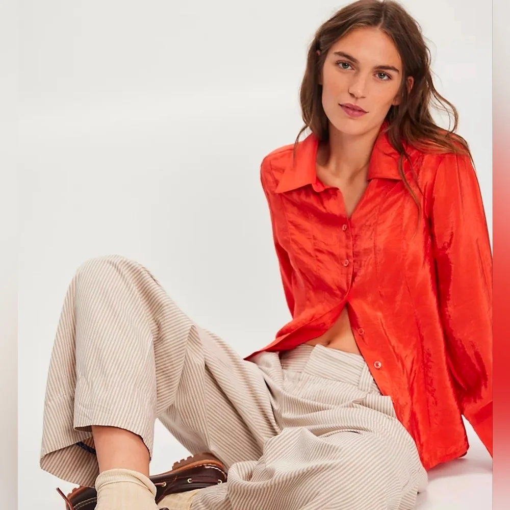Free People Something Silky Button Up Shirt In Cherry Tomato Red